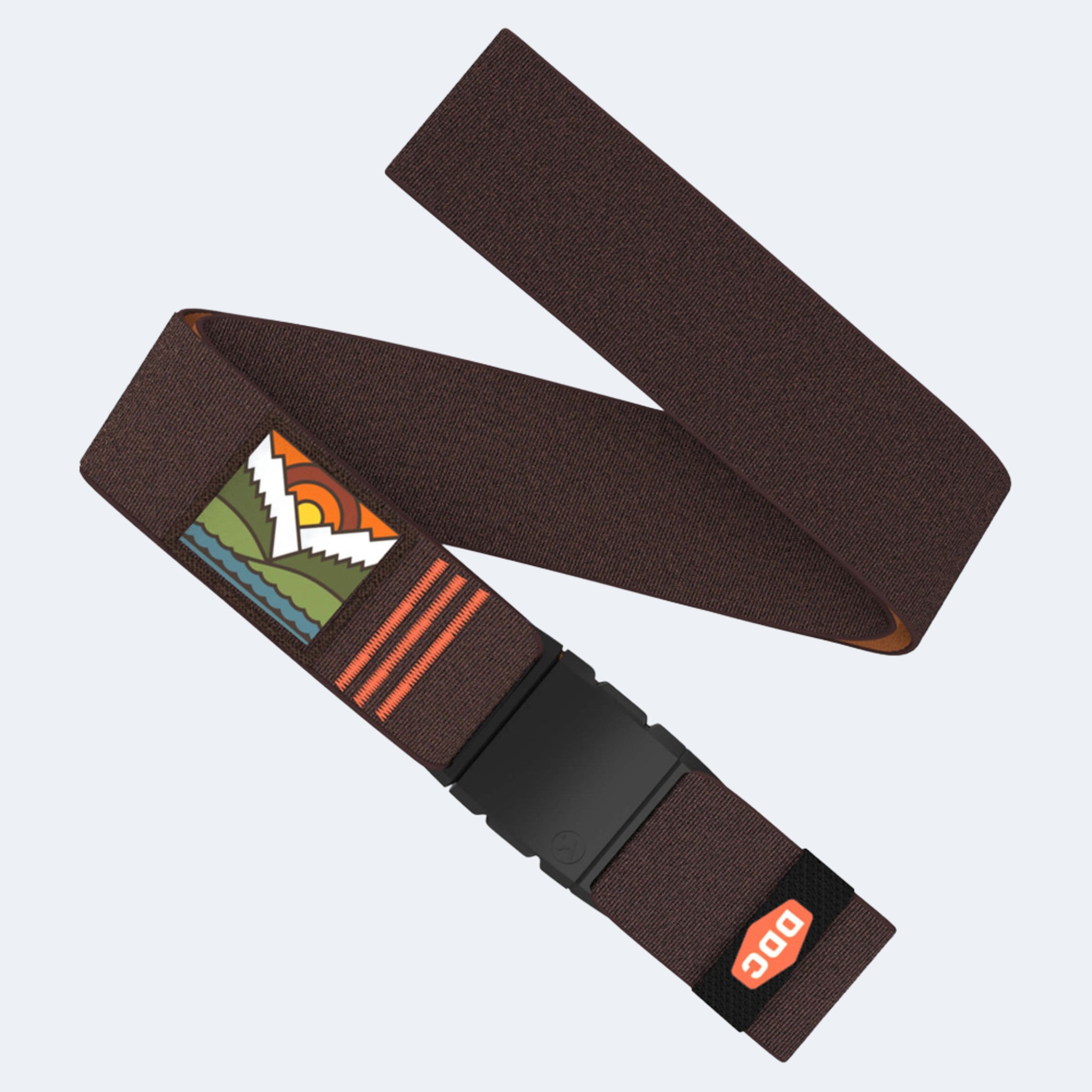 Arcade DDC Go Easy Belt in brown - stretch travel belt with Draplin Design pattern and polymer buckle