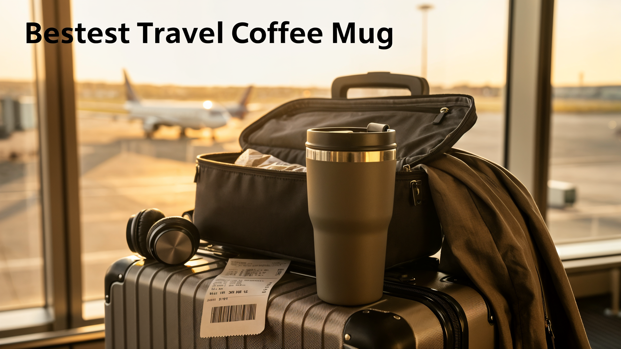 Traveler’s stainless steel coffee mug resting beside a carry-on and personal-item bag at an airport gate.