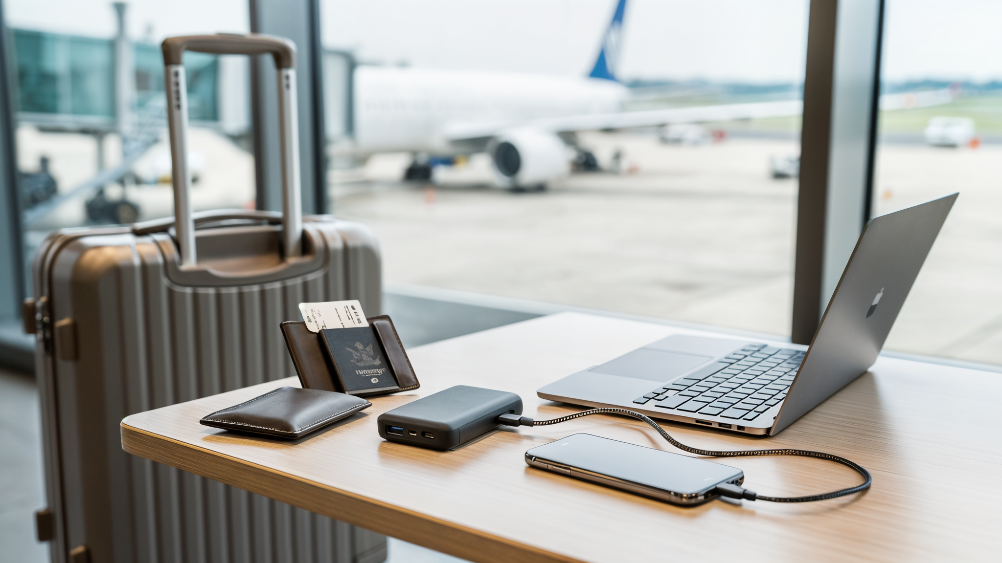 Compact USB-C travel power bank charging a phone and laptop beside a carry-on bag at an airport gate.