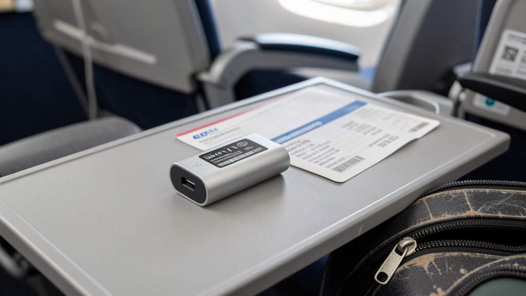 Compact USB-C power bank on an airport tray table next to a boarding pass and carry-on zipper.