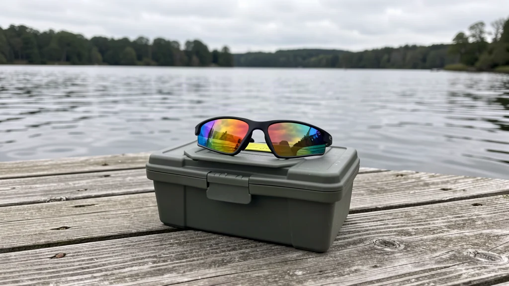 Polarized sunglasses on a tackle box on a wooden dock.
