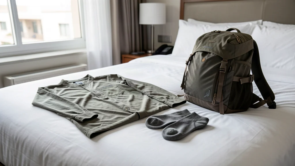 Long-sleeve travel shirt and socks folded on a hotel bed.