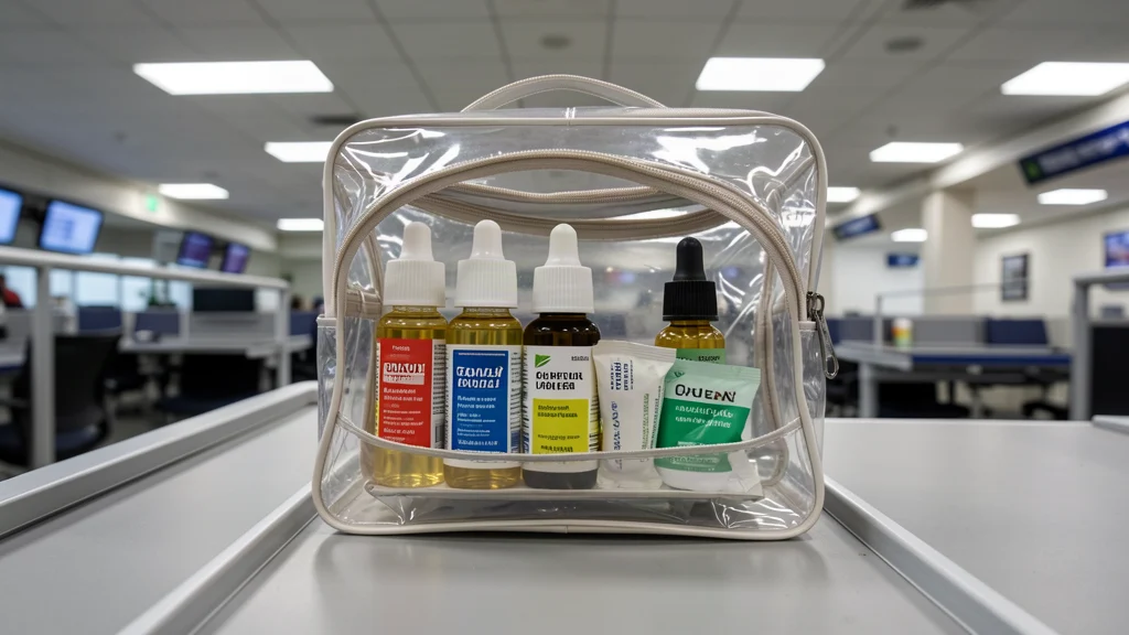 Travel-size insect-repellent bottles in a clear toiletry bag.
