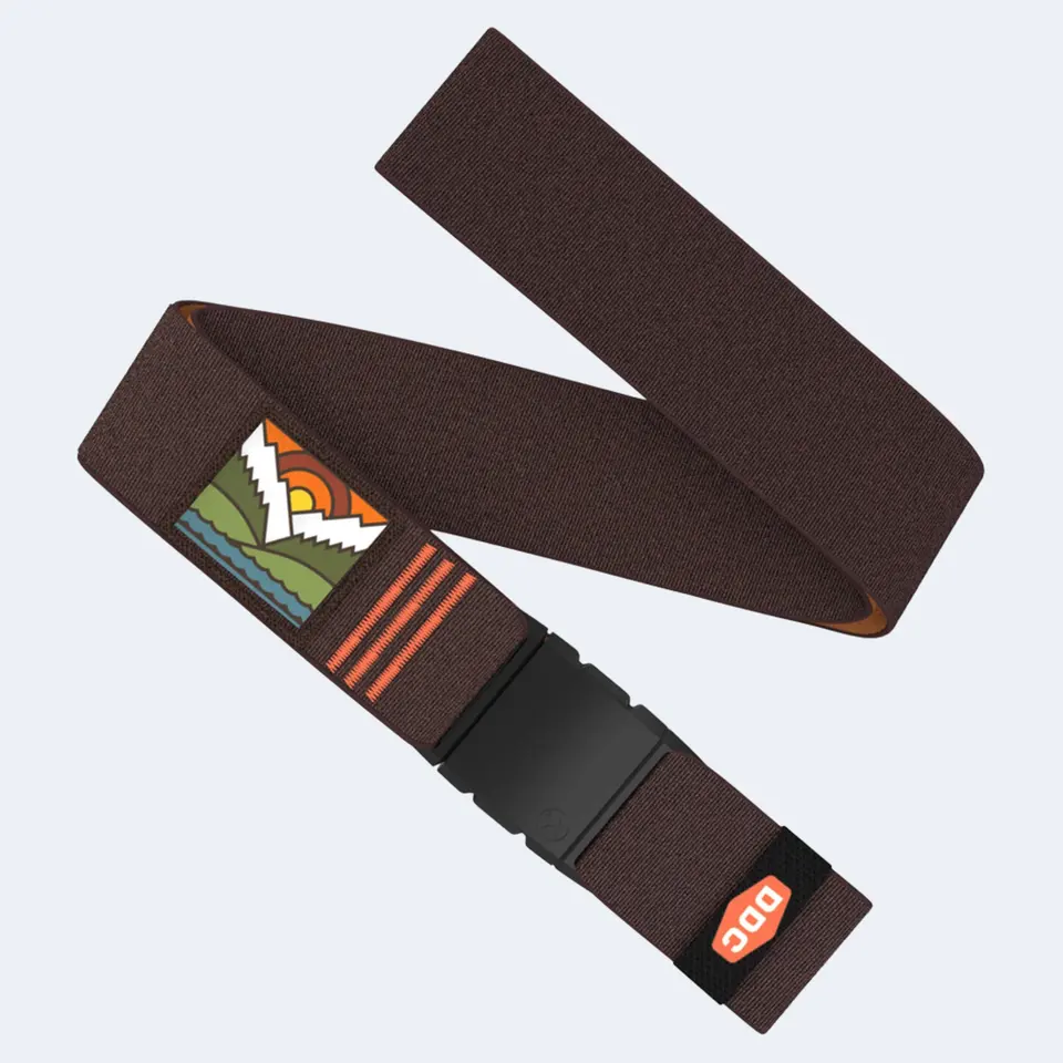 Arcade DDC Go Easy Belt in brown - stretch travel belt with Draplin Design pattern and polymer buckle