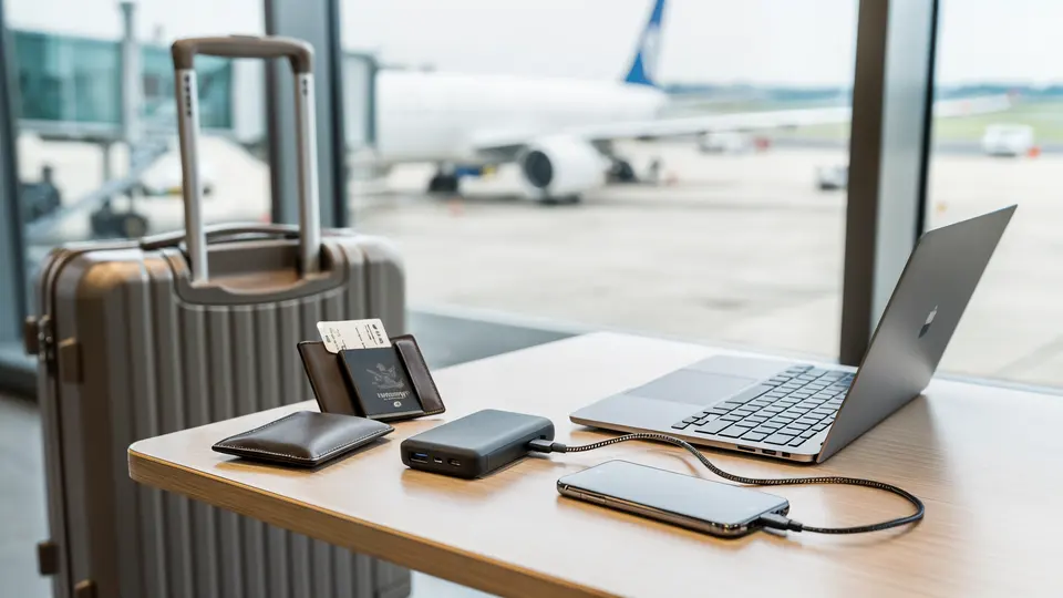 Compact USB-C travel power bank charging a phone and laptop beside a carry-on bag at an airport gate.