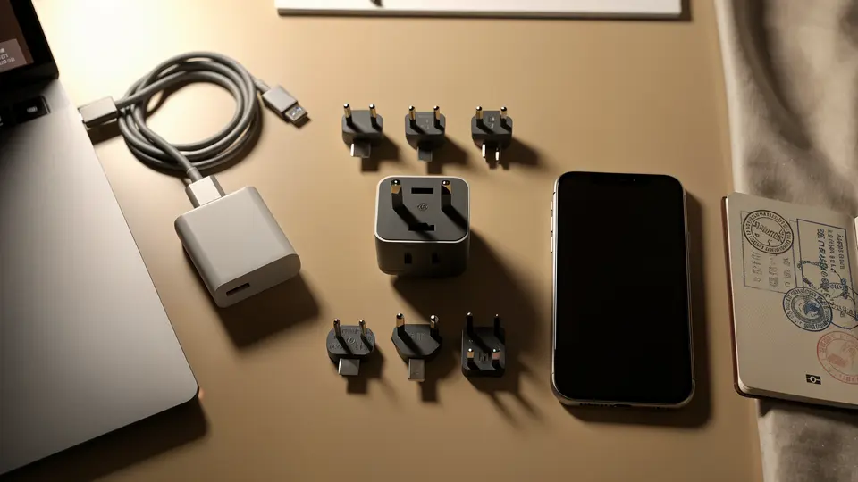 Universal travel adapter, USB-C laptop charger, and phone laid out on a hotel desk for an international trip.