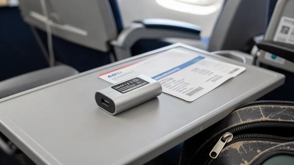 Compact USB-C power bank on an airport tray table next to a boarding pass and carry-on zipper.