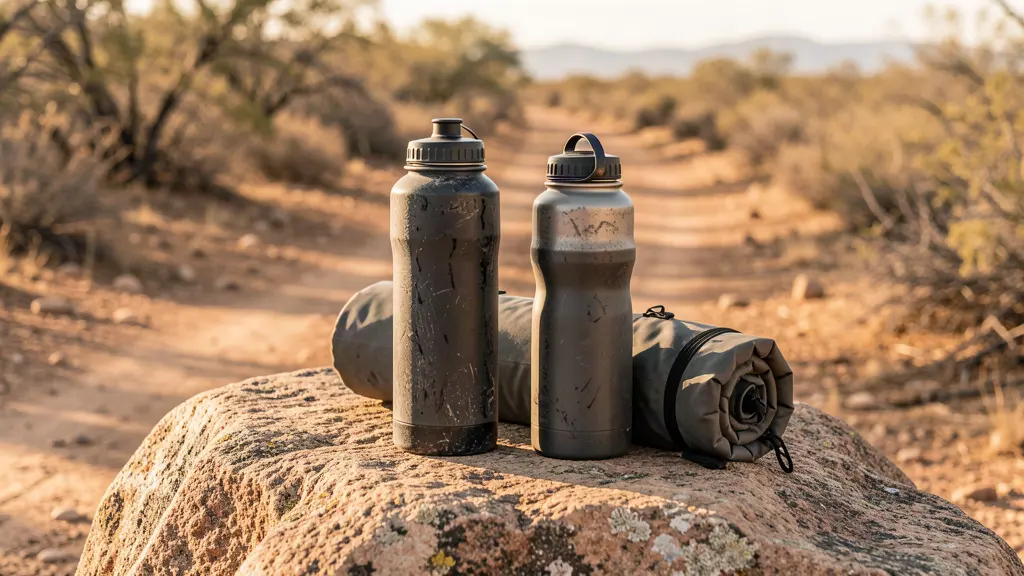 Hiking water bottles and a rolled hydration bladder on a granite rock beside a dusty trail.