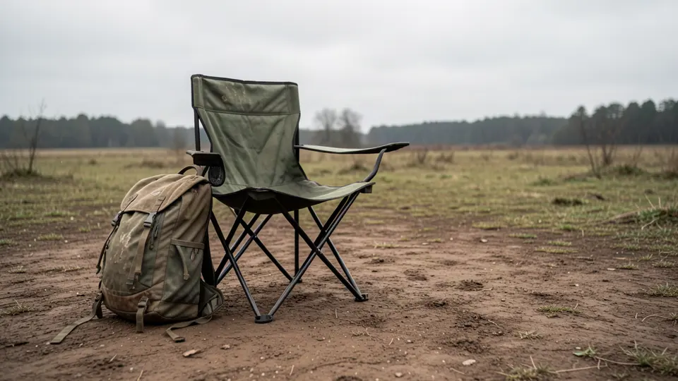Folding camping chair on packed dirt at a simple campsite.