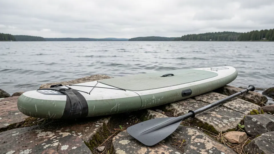 Inflatable stand-up paddleboard and paddle on a rocky lakeshore.