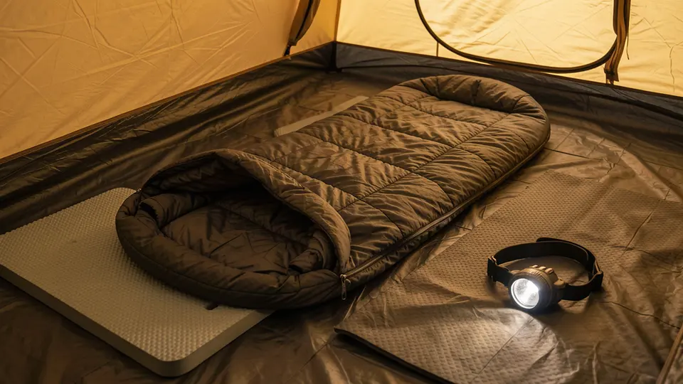 Sleeping bag unzipped on a tent floor beside a pad and headlamp.