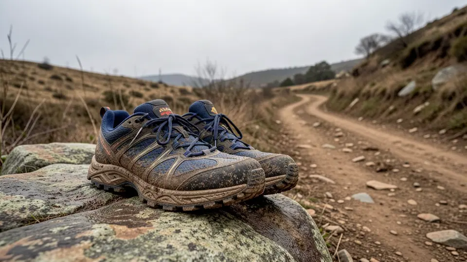 Muddy trail-running shoes on granite beside a dusty trail.