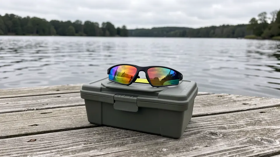 Polarized sunglasses on a tackle box on a wooden dock.