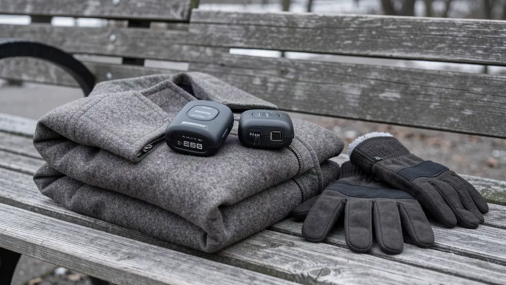 Compact rechargeable hand warmers on a folded wool jacket.