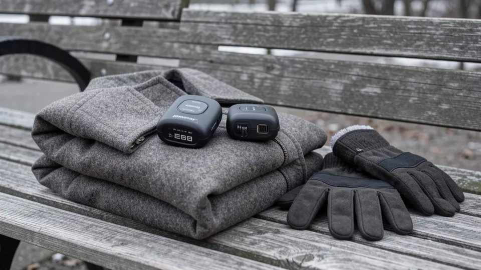 Compact rechargeable hand warmers on a folded wool jacket.