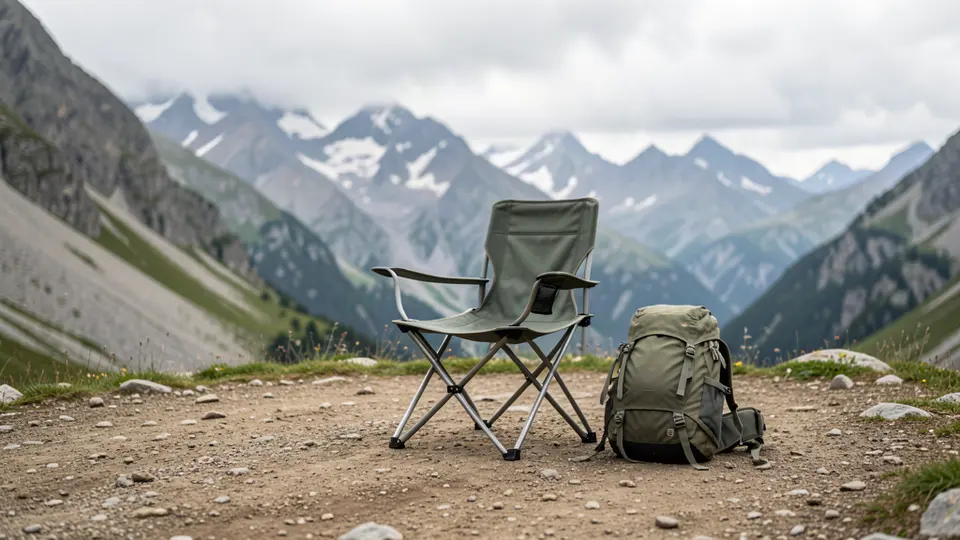 Ultralight backpacking chair set on alpine dirt.