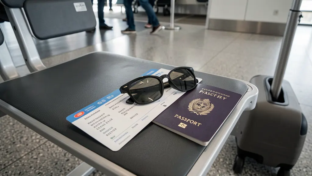 Travel sunglasses on a boarding pass at an airport gate.