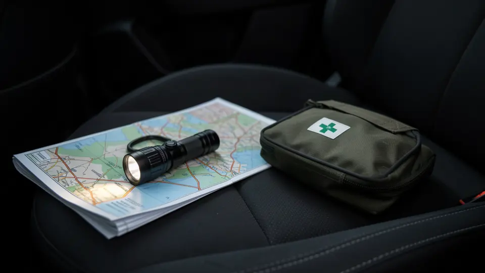 Compact flashlight on a car seat next to a small kit.