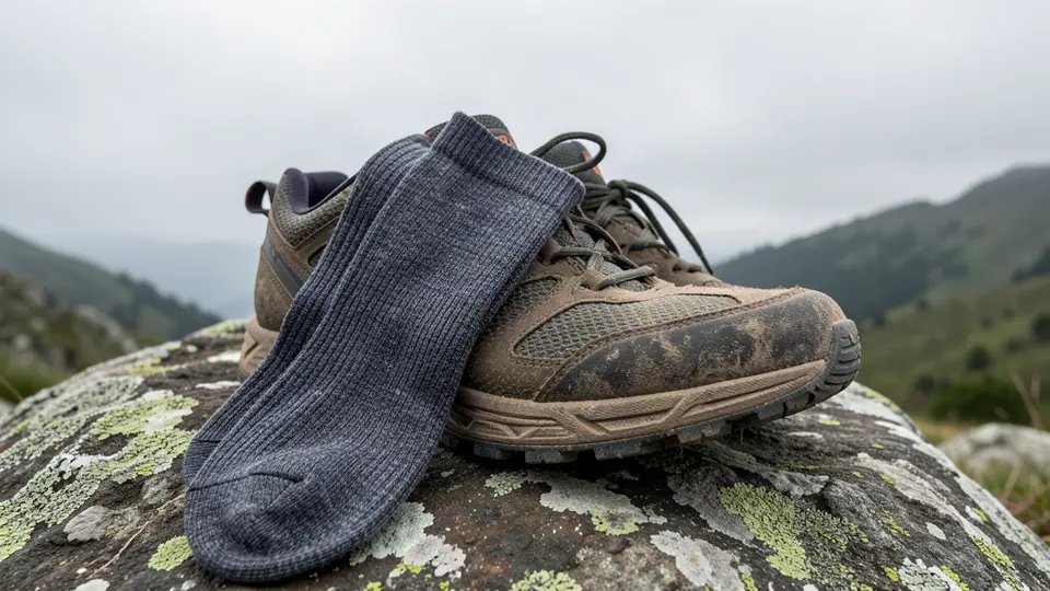 Merino trail-running socks draped over dusty trail shoes.