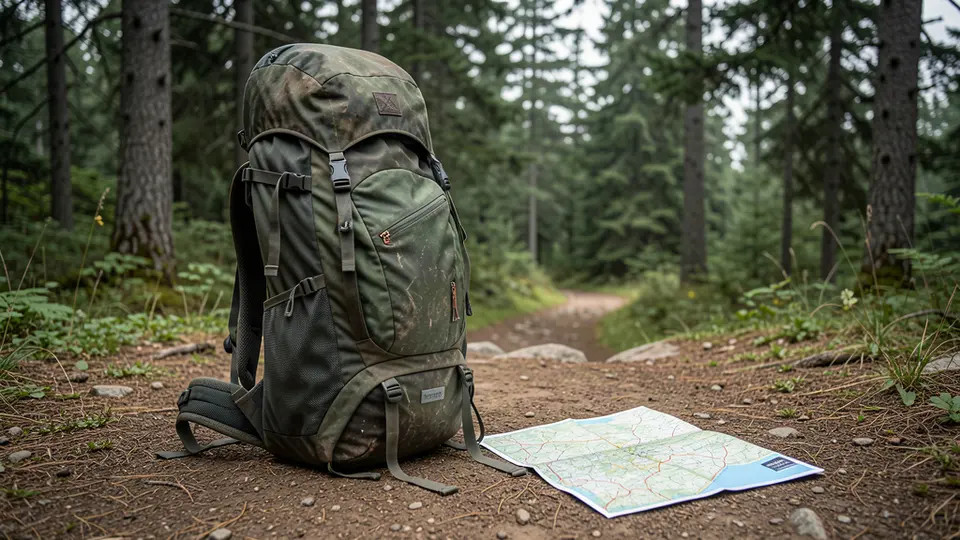 Loaded backpacking pack standing at a forest trailhead.