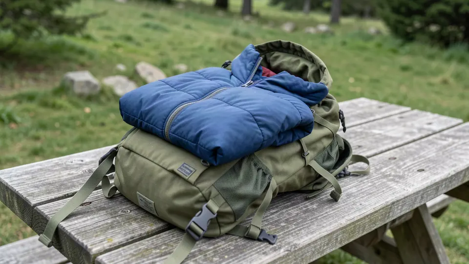 Small kids down jacket folded on a trail daypack.