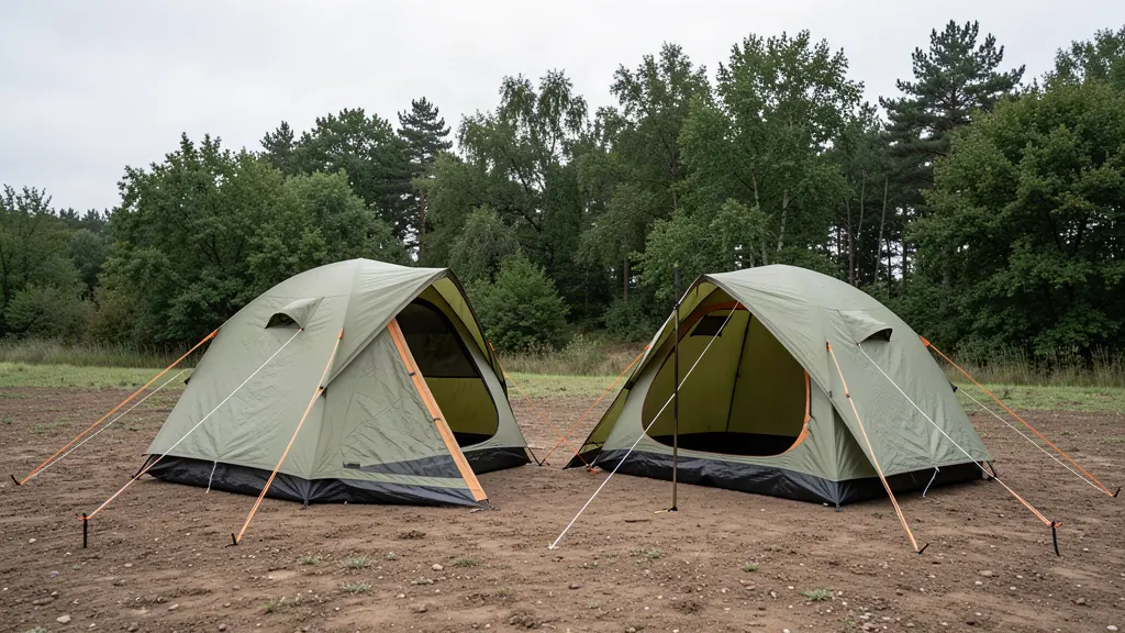 Two-person tent pitched on packed dirt with taut guy lines.
