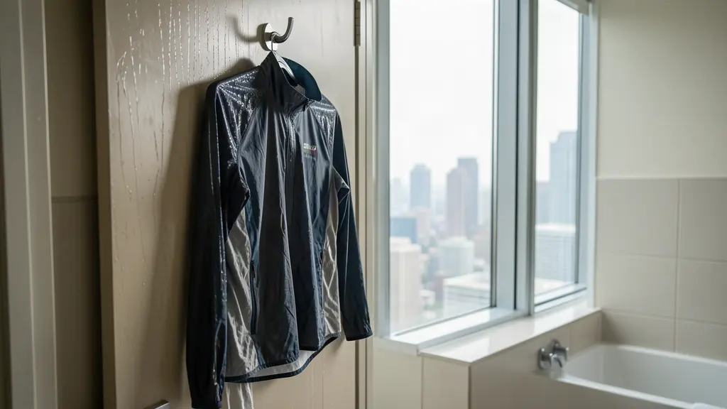 Quick-dry travel shirt hanging to dry in a hotel bathroom.