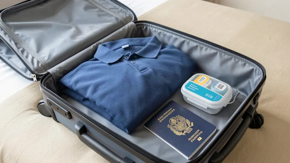 Polo shirt folded in an open carry-on suitcase.