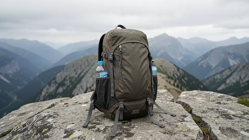 Hiking daypack on a granite overlook with a water bottle.