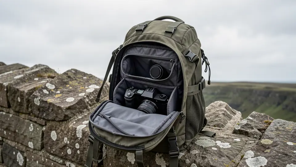 Open camera backpack with a camera and lens in padded compartments.