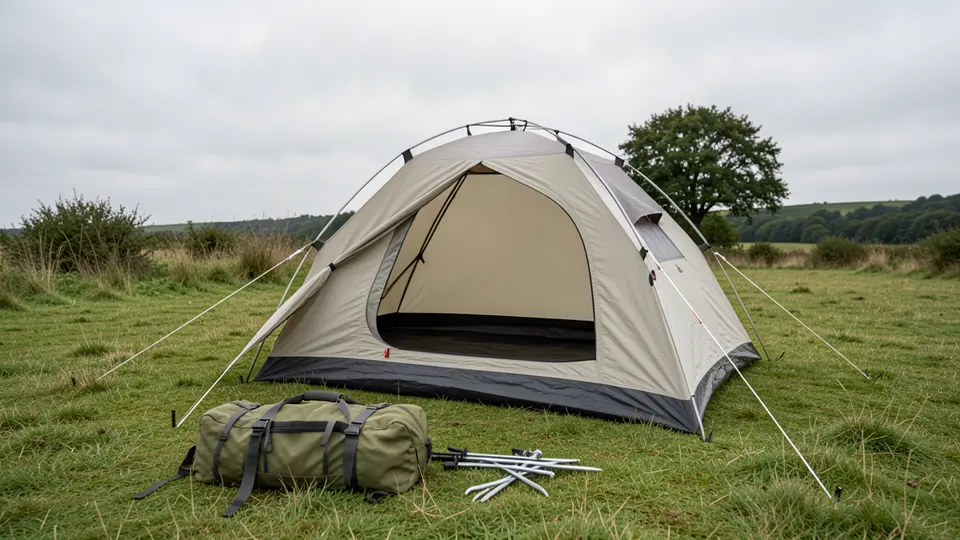 Simple dome tent pitched on grass with bag and stakes in front.