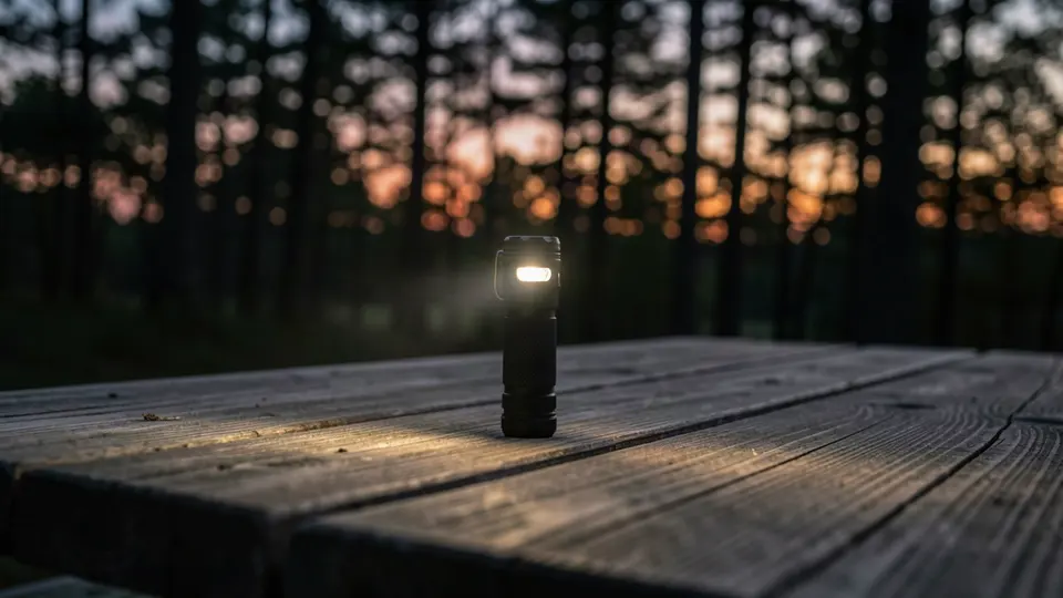 Compact camping flashlight standing on a picnic table at dusk.
