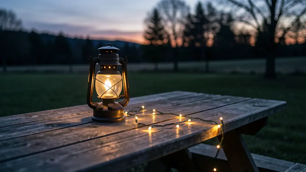 Battery lantern and camping lights on a picnic table at twilight.