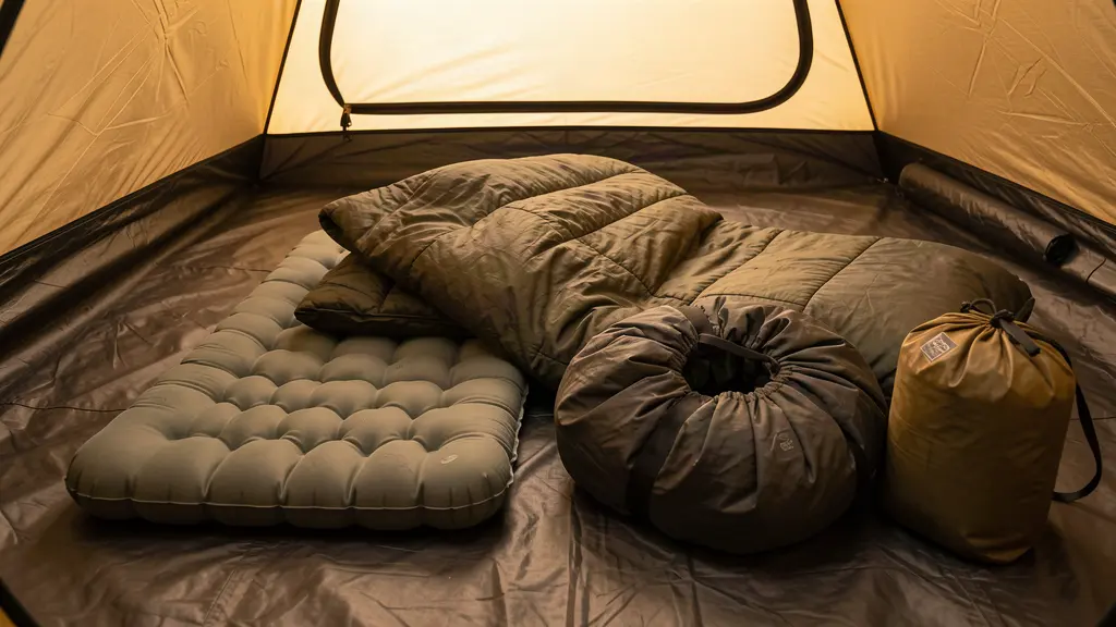 Sleeping pad, bag, and stuff sacks laid out on a tent floor.