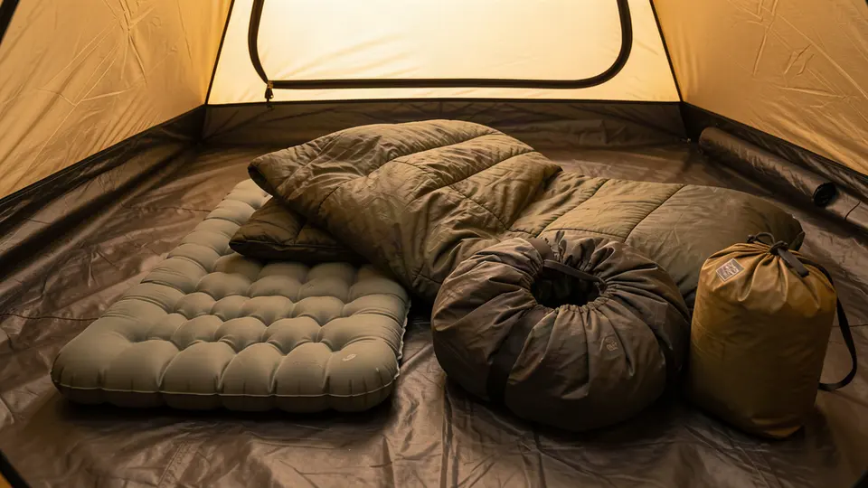Sleeping pad, bag, and stuff sacks laid out on a tent floor.