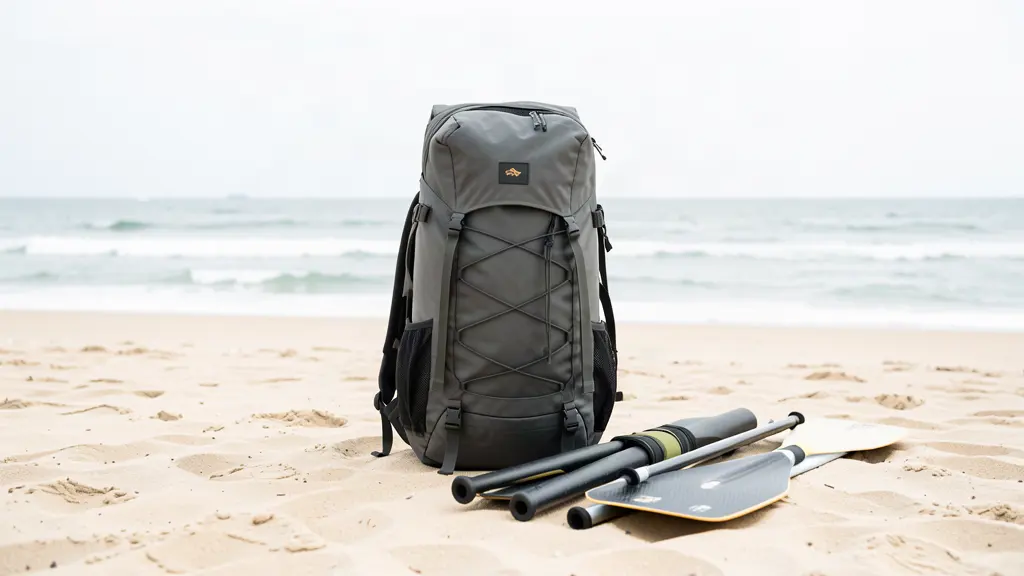 Rolled inflatable SUP in a travel backpack on a sandy beach.
