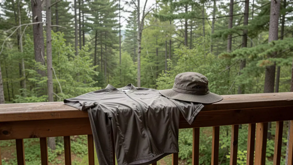 Treated hiking shirt and wide-brim hat on a porch railing.