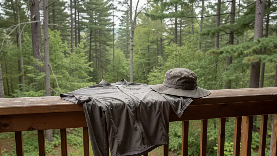 Treated hiking shirt and wide-brim hat on a porch railing.