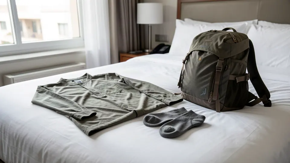Long-sleeve travel shirt and socks folded on a hotel bed.