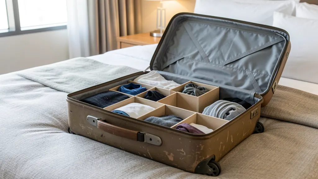 Open carry-on packed with cube organizers.