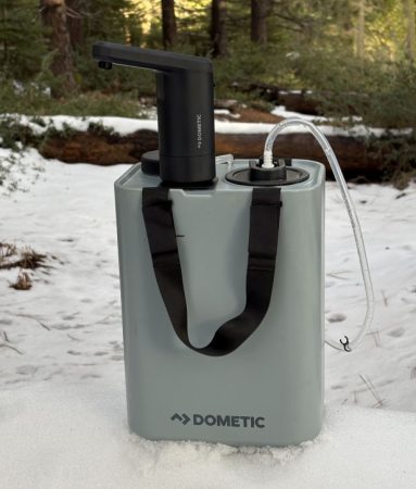The Dometic Recon 360 Faucet on a camping trip in the snow