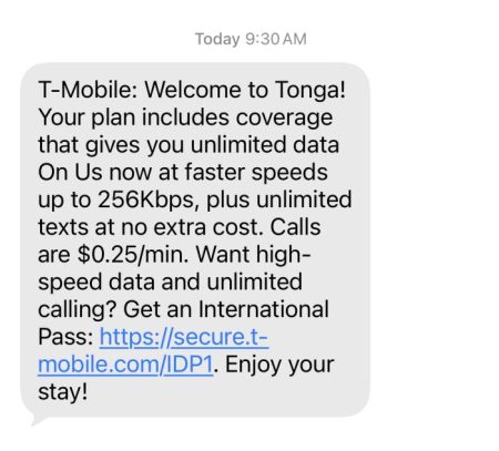 Text message from T-Mobile about calling plan in Fiji