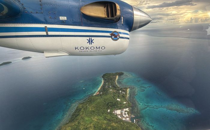 Aerial view of Kokomo Private Island Fiji and seaplane