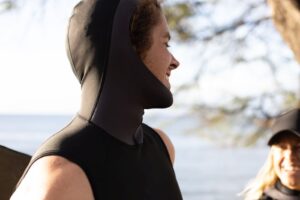 bare Exowear Hooded Vest, close-up of the hood